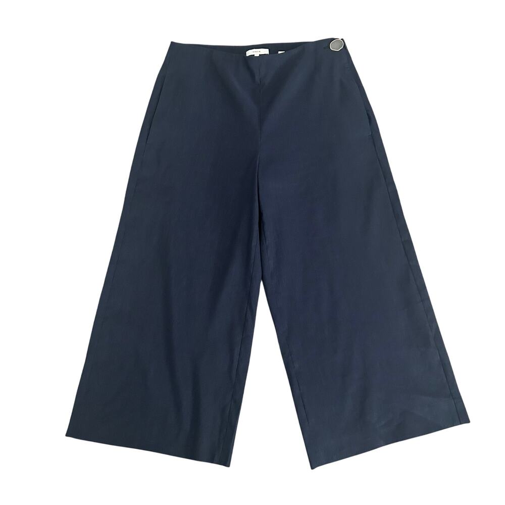 Vince women's Navy High Waist Crop Wide Leg linen blend pants side zip 8